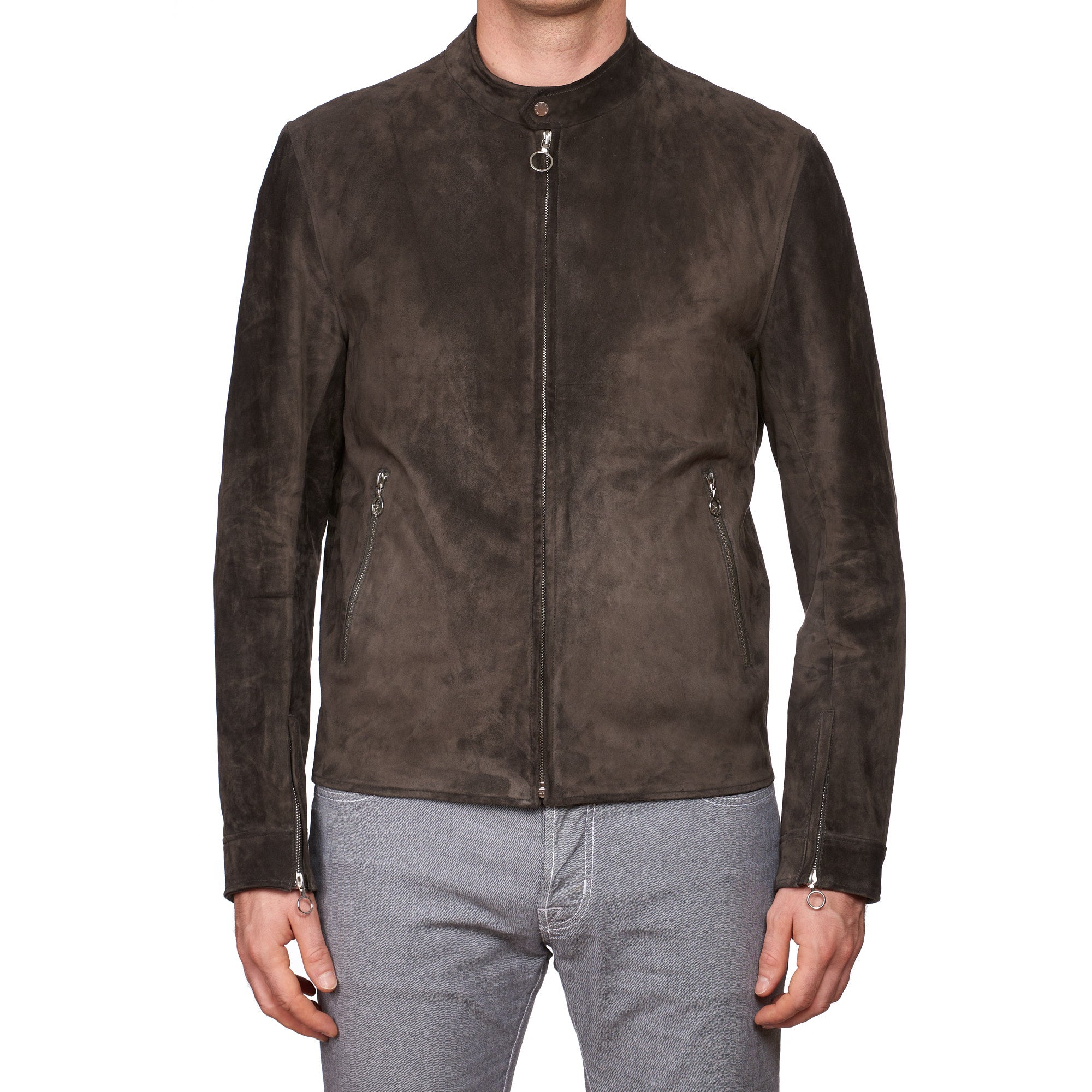 SERAPHIN Slate Brown Suede Calf Leather Unlined Cafe Racer Biker Jacke