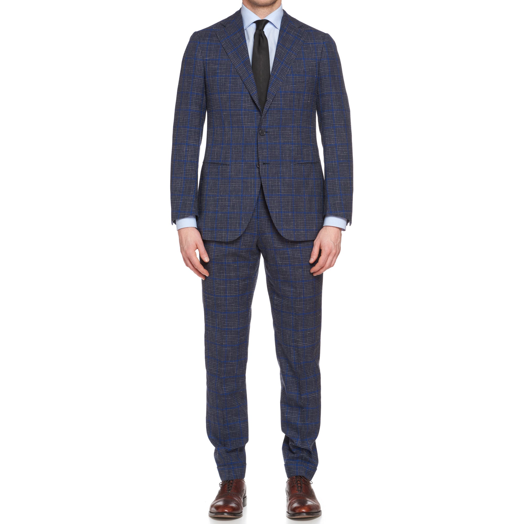 CESARE ATTOLINI Napoli Handmade Blue Plaid Wool-Silk-Linen Suit EU 48