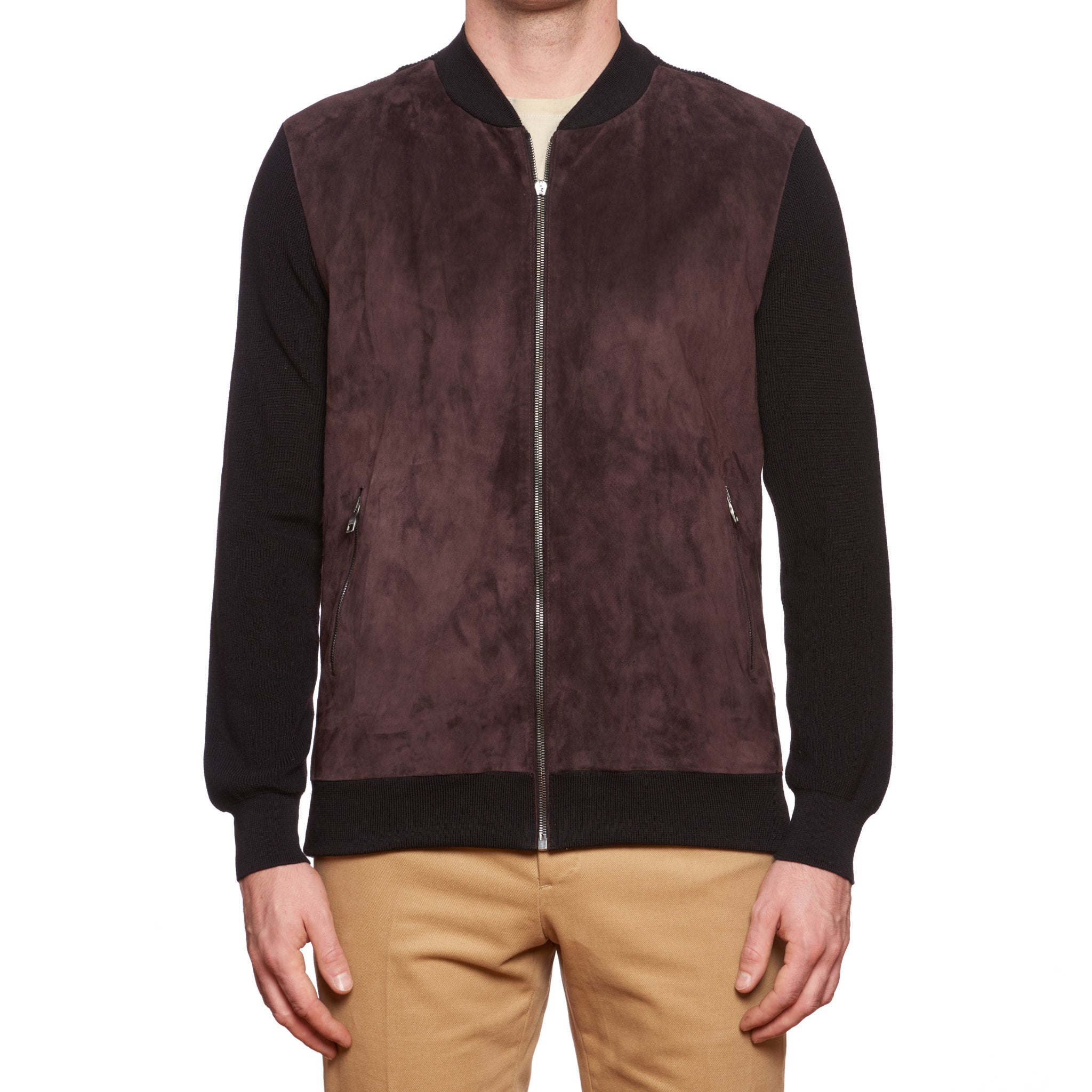 SALVATORE FERRAGAMO Brown Suede Leather Black Wool Knit Blouson