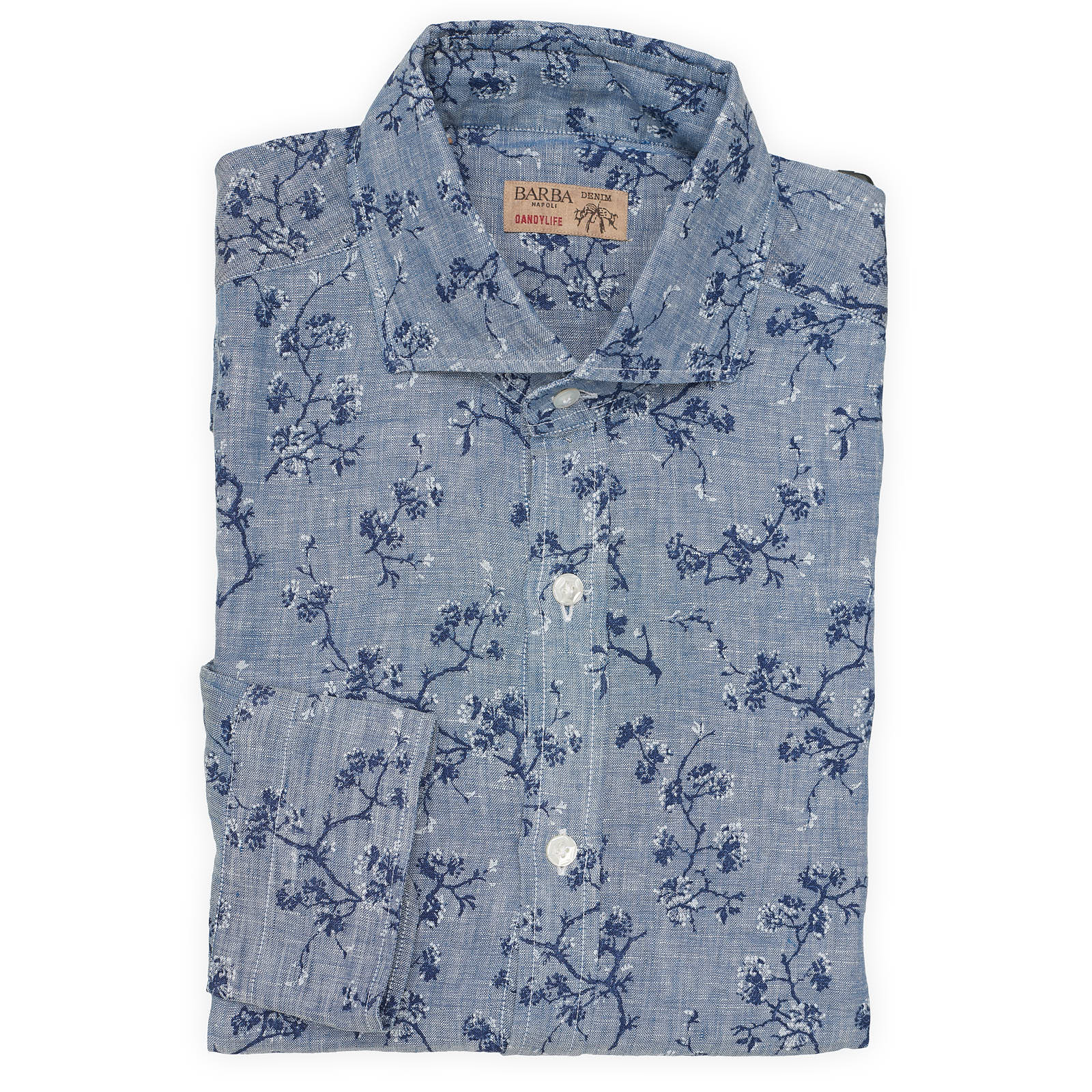 BARBA Dandylife Denim Blue Floral Linen Shirt EU 40 NEW US 15.75