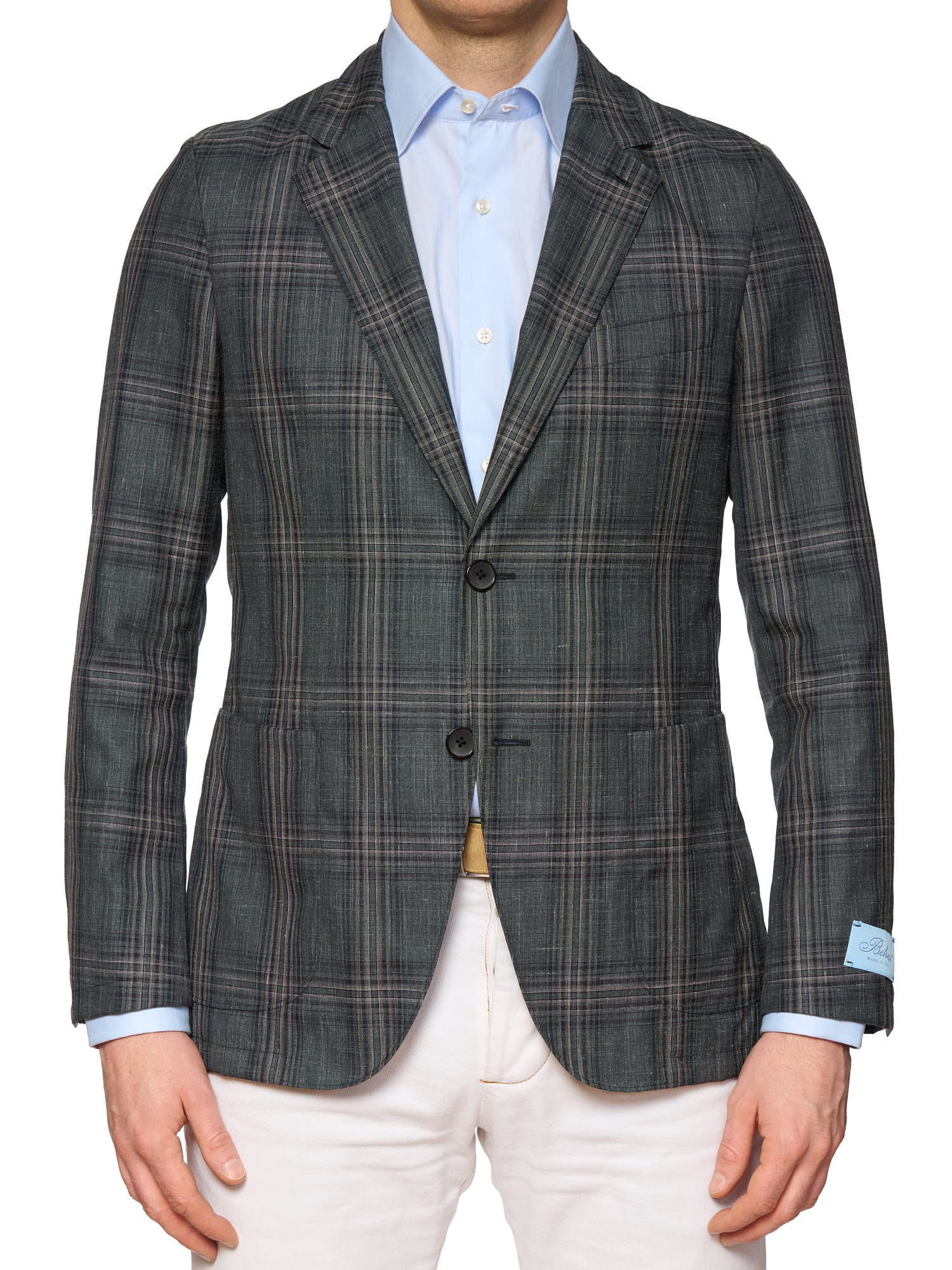 BELVEST Hand Tailored Gray-Green Plaid Wool-Silk-Linen Blazer Jacket NEW Slim Fit