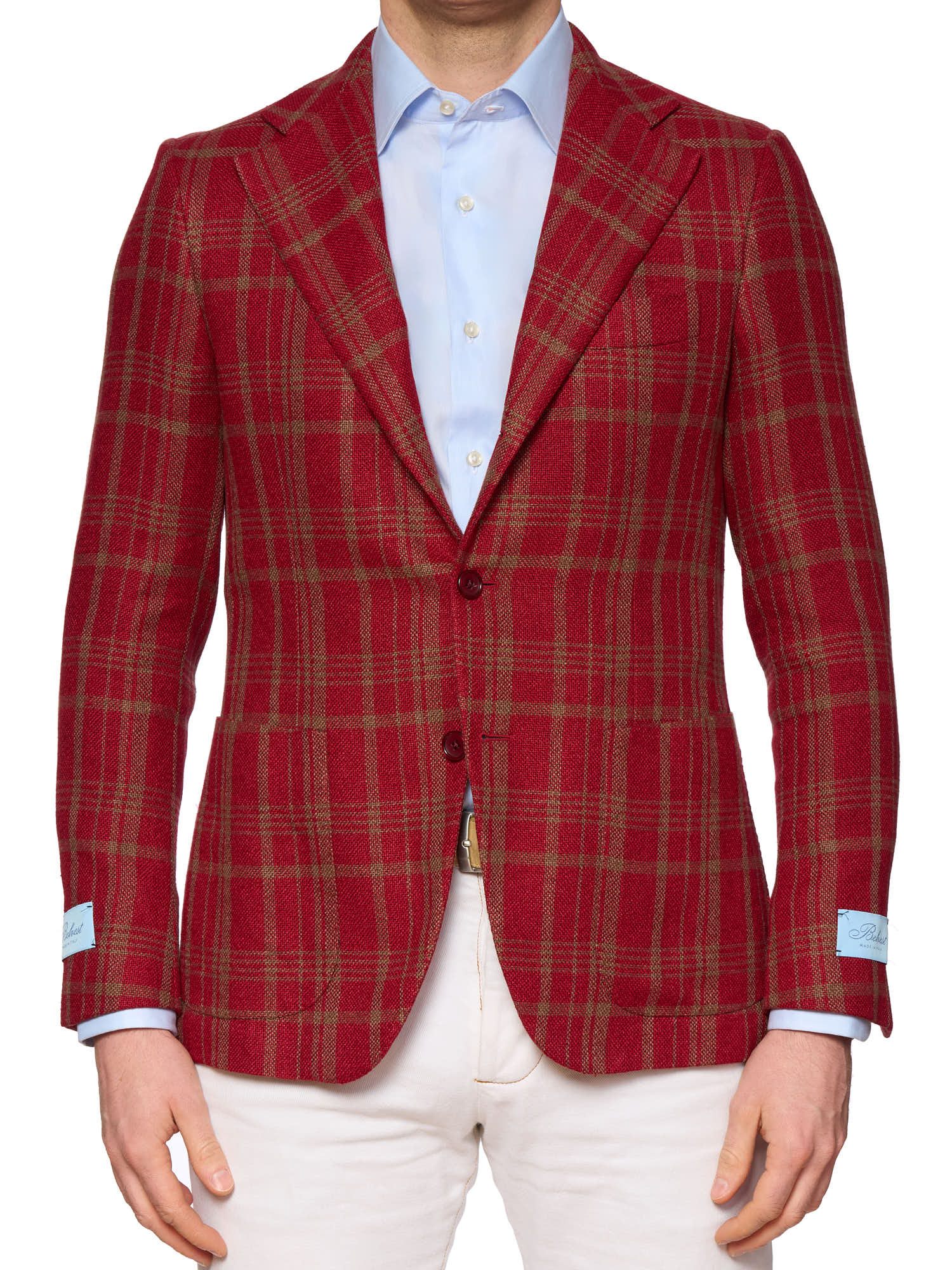 BELVEST Red Plaid Hopsack Silk-Linen-Cotton Jacket 50 NEW US 40