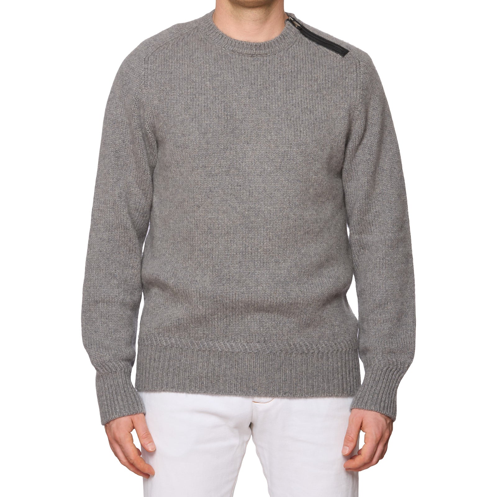 BERLUTI Gray Cashmere Knit Leather Zip Shoulder Sweater EU 50 NEW US M