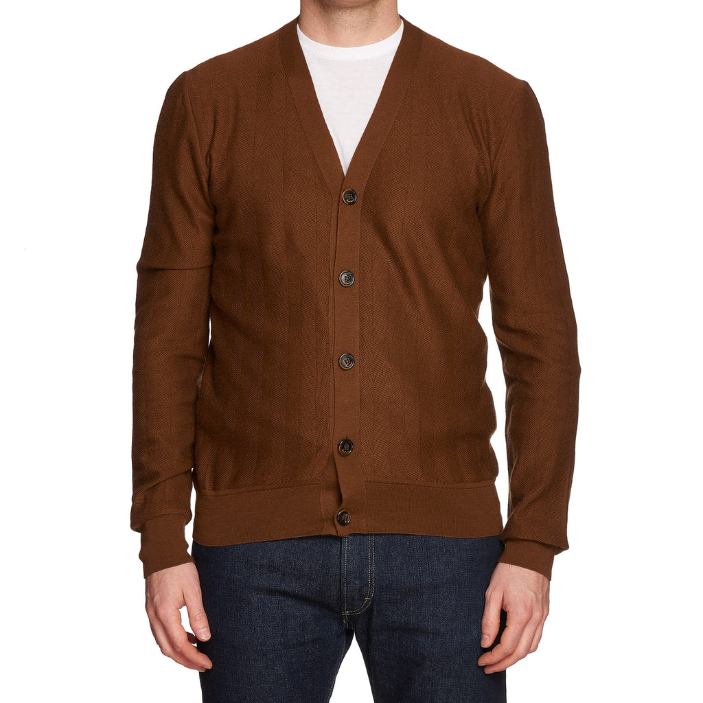 BERLUTI Paris Brown Herringbone Cashmere-Silk Knit Cardigan Sweater R5