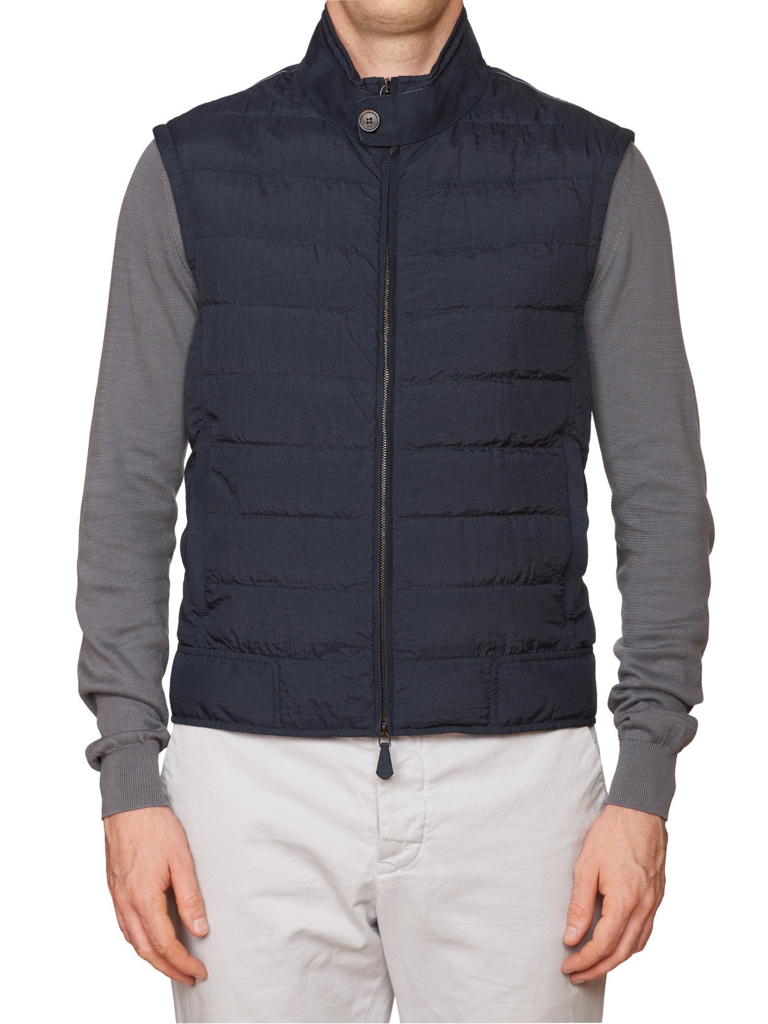 BERLUTI Paris Dark Blue Polyamide Puffer Vest with Calfskin Leather Trim R50 NEW M BERLUTI