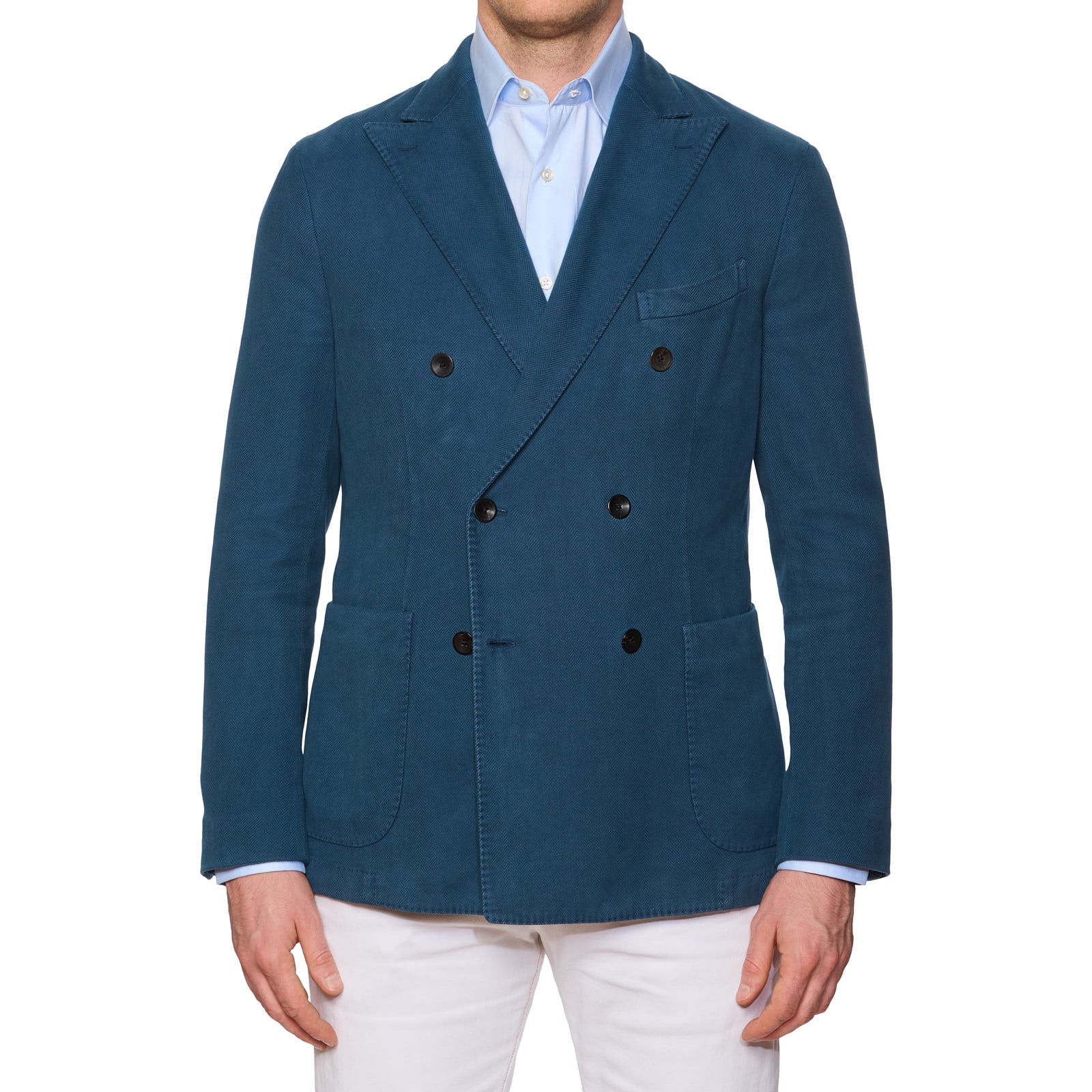 BOGLIOLI "K.Jacket" Blue Herringbone Cotton Unlined DB Jacket EU 50 US 40