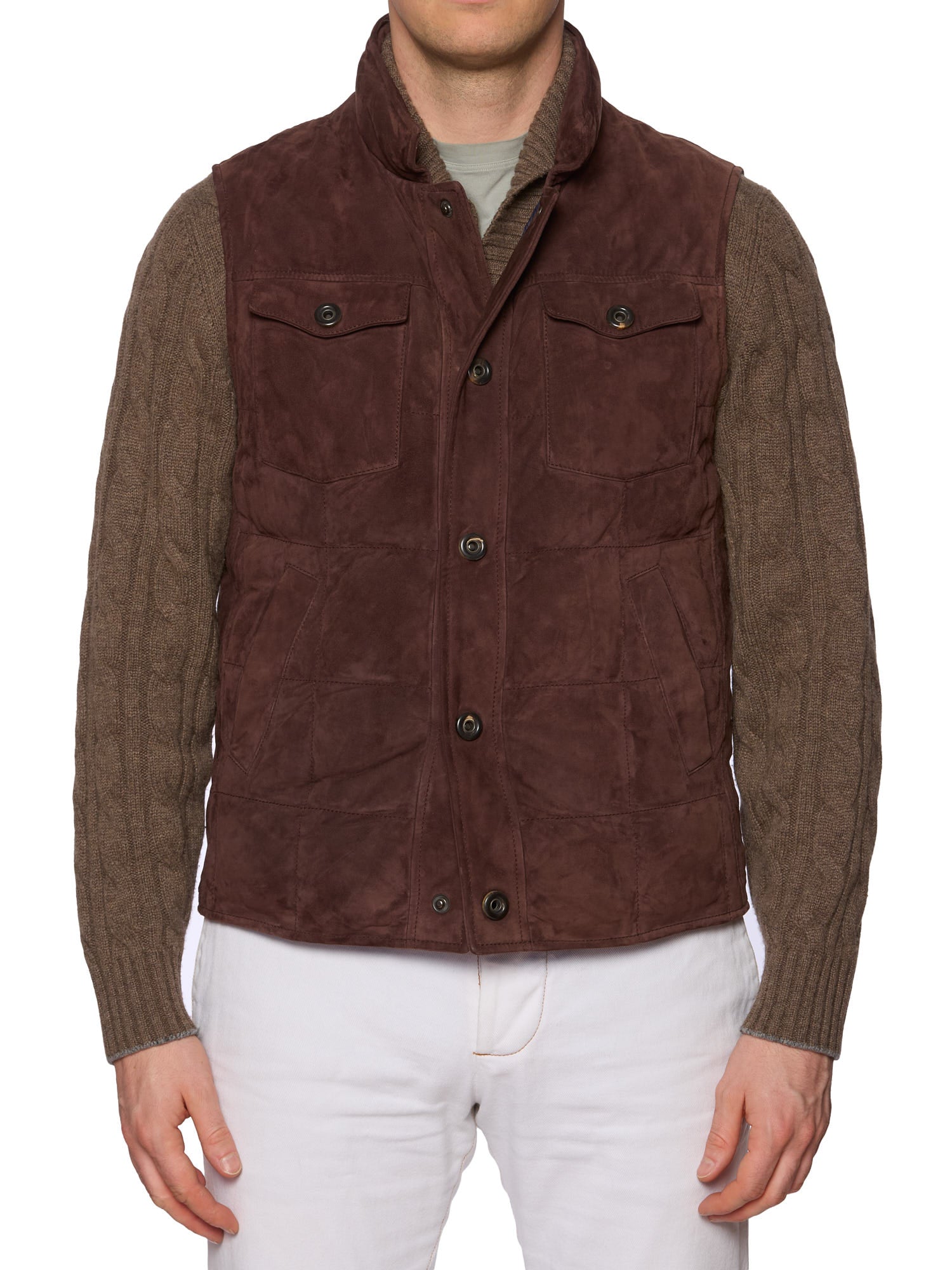 BRUNELLO CUCINELLI Brown Leather Suede Quilted Down Vest M