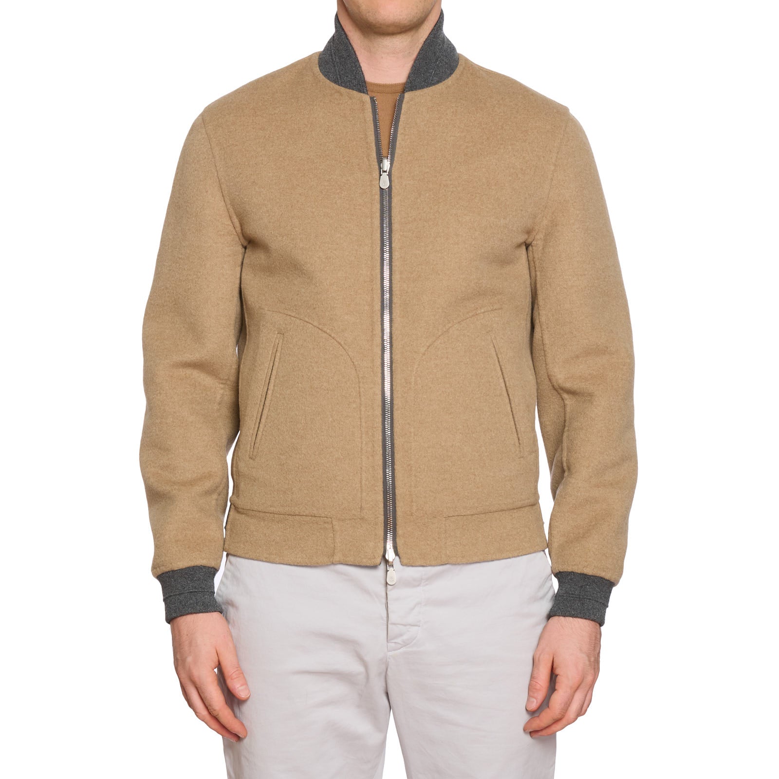 BRUNELLO CUCINELLI Reversible Tan-Gray Cashmere Bomber Jacket EU 50 NEW US 40