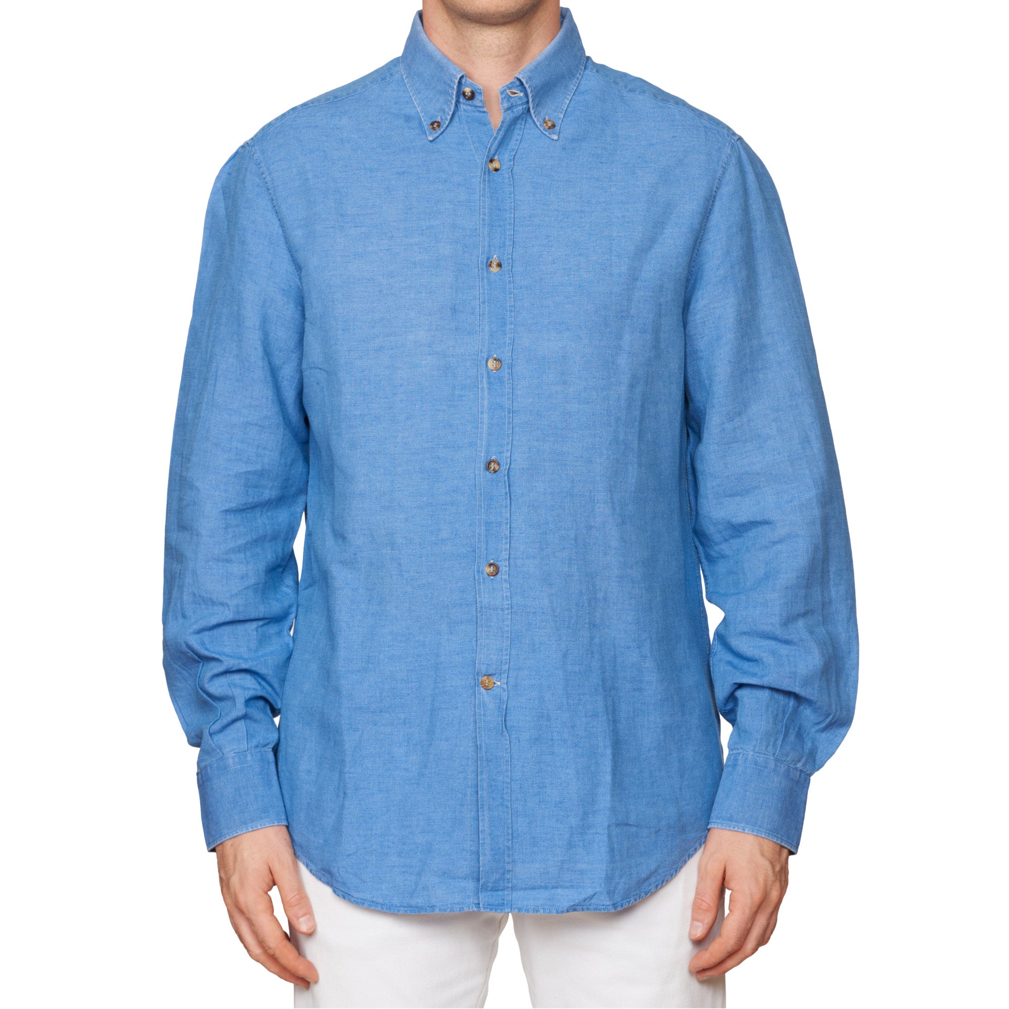 BRUNELLO CUCINELLI Solid Blue Linen-Cotton Button-Down Casual Shirt Si