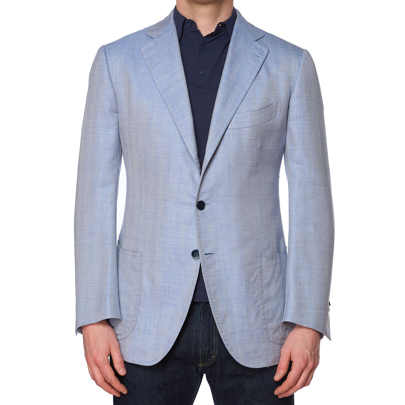 CESARE ATTOLINI Napoli Handmade Blue Herringbone Wool-Silk-Linen Jacket EU 52 US 42