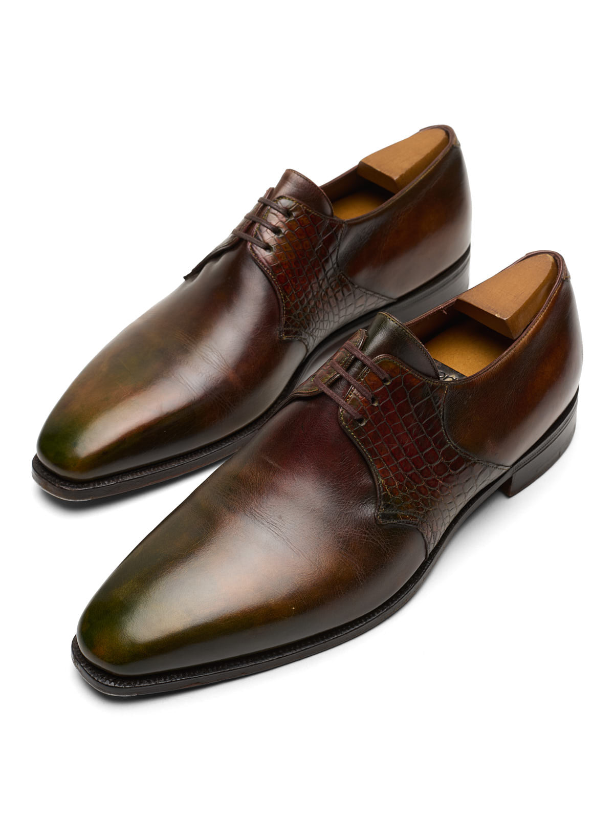 CORTHAY Paris "Arca" Brown Calf Leather with Crocodile Trims 2 Eyelet Derby Shoes 7.5