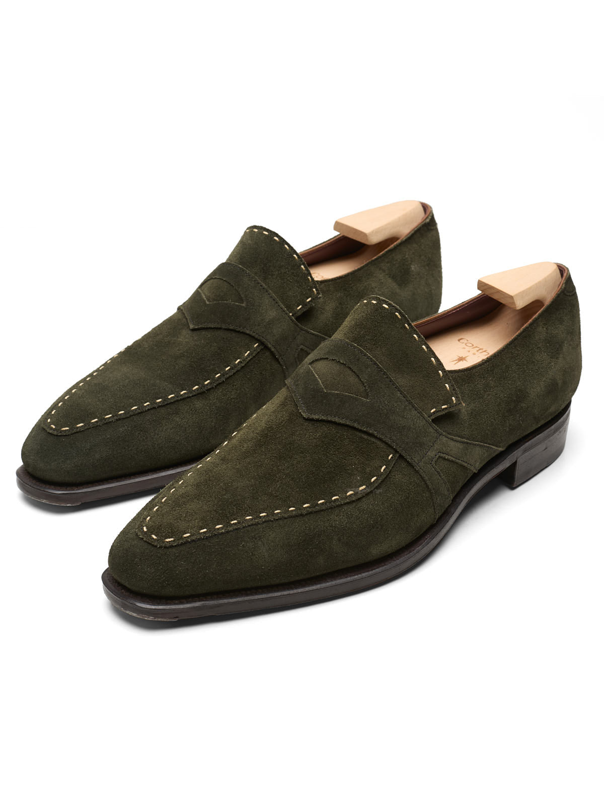 CORTHAY Handmade "Rascaille" Green Suede Penny Loafers Shoes Size 7.5