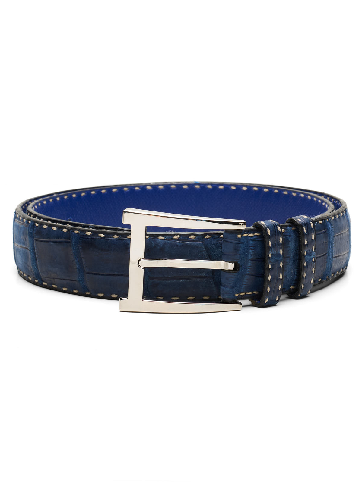 DURET Paris Indigo Blue Crocodile Leather Silver Alpha Buckle Belt NEW 36" 90cm