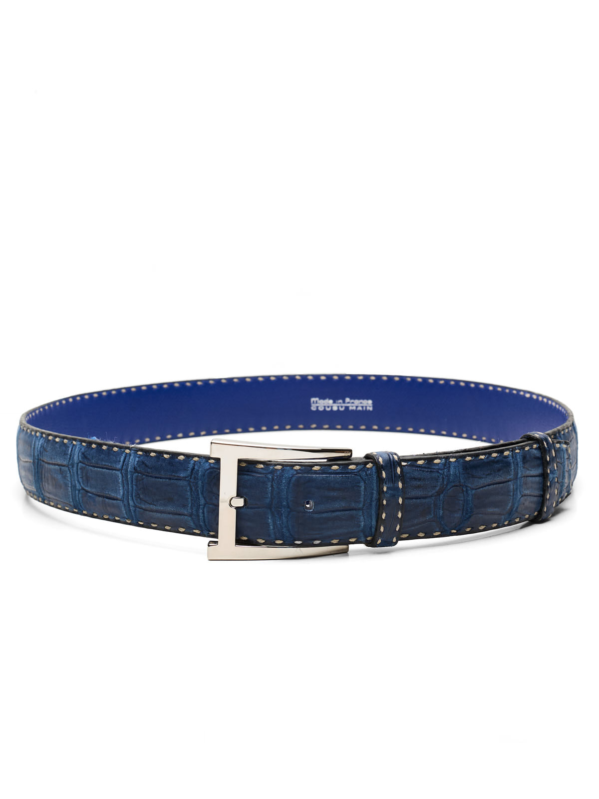 DURET Paris Indigo Blue Crocodile Leather Silver Alpha Buckle Belt NEW 36" 90cm