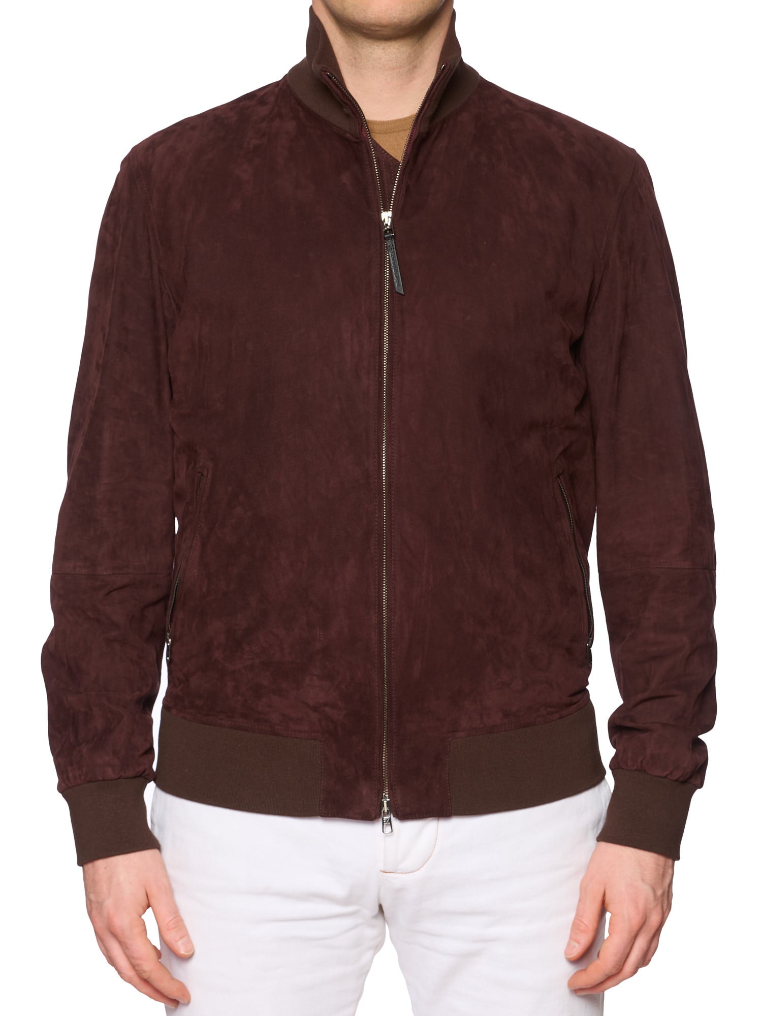 ERMENEGILDO ZEGNA Maroon Lambskin Suede Bomber Jacket 50R NEW US M