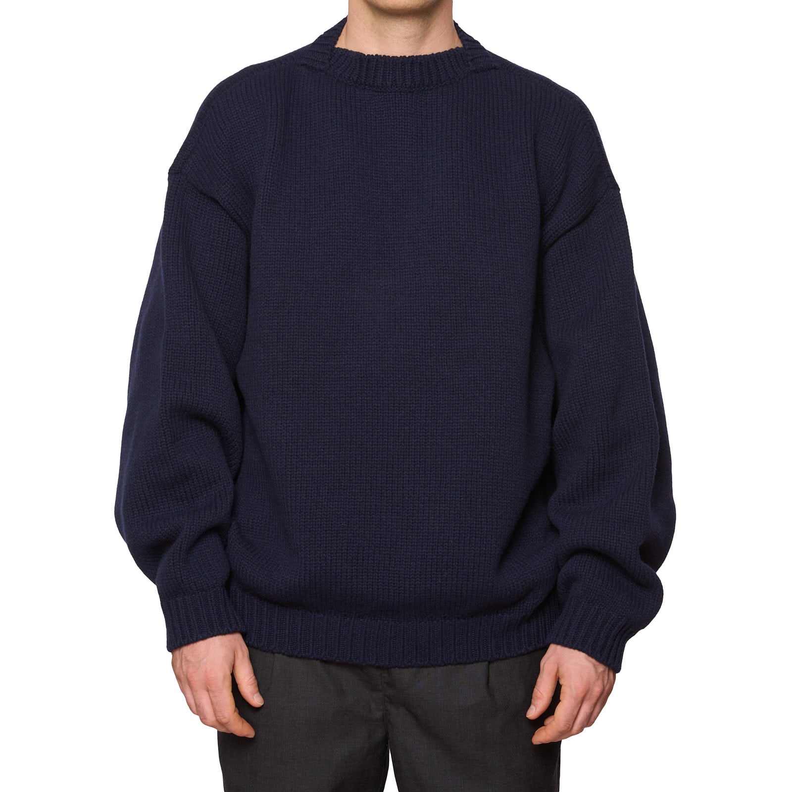 FEAR OF GOD Navy Blue Virgin Wool Chunky Knit Overlap Sweater NEW Size L