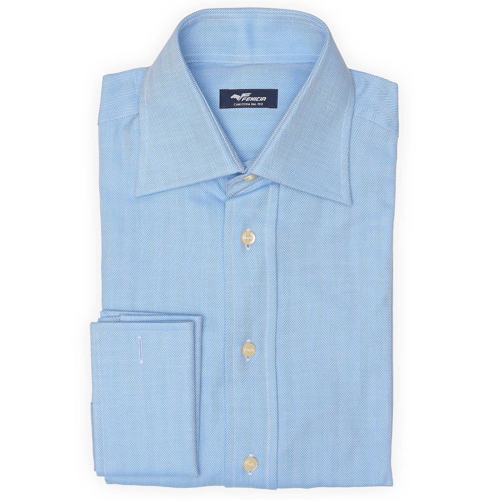 FENICIA Blue Herringbone Cotton French Cuff Dress Shirt EU 38 NEW US 15