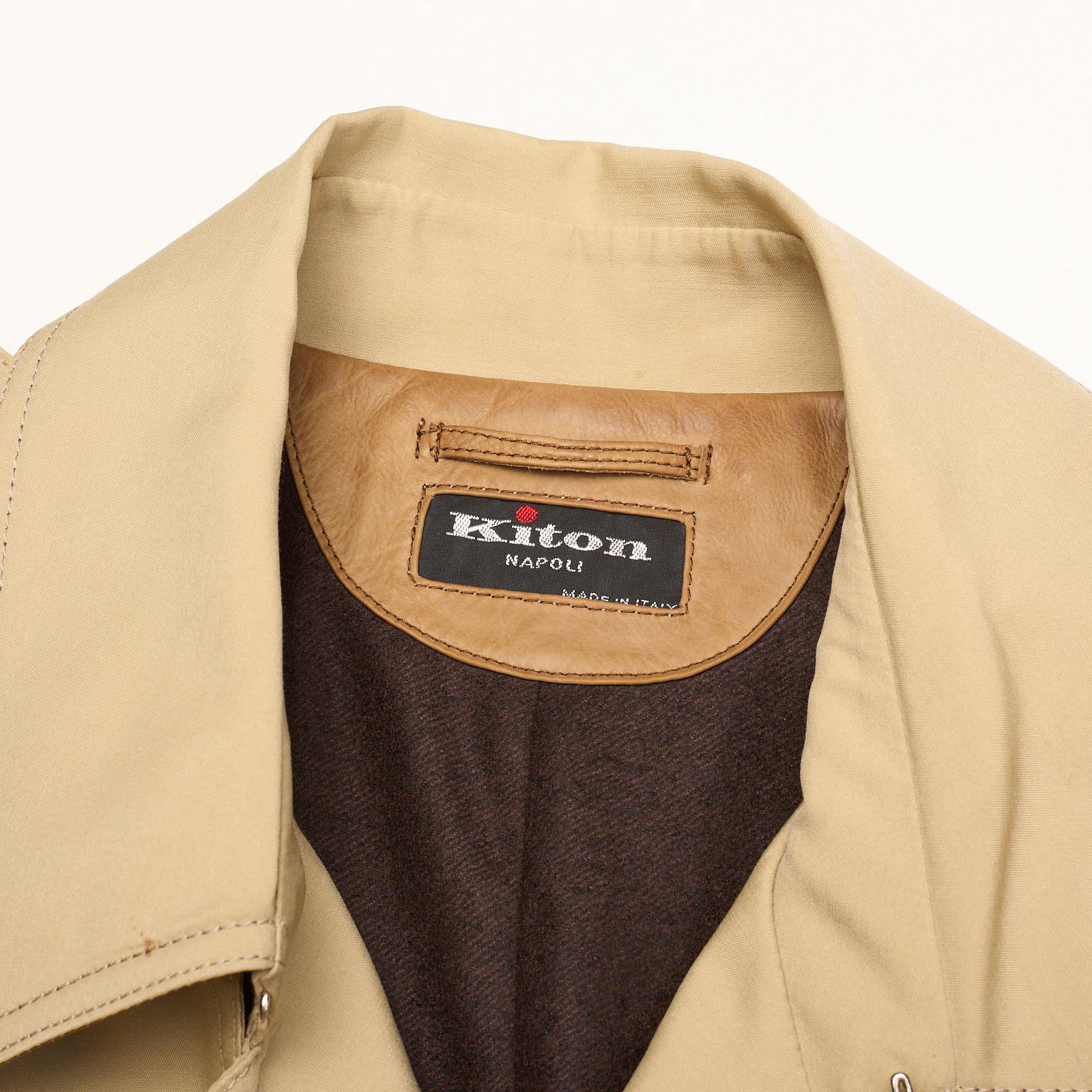 KITON Napoli Beige Wool DB Cashmere Lined Trench Coat EU 50 NEW US M Leather Trims