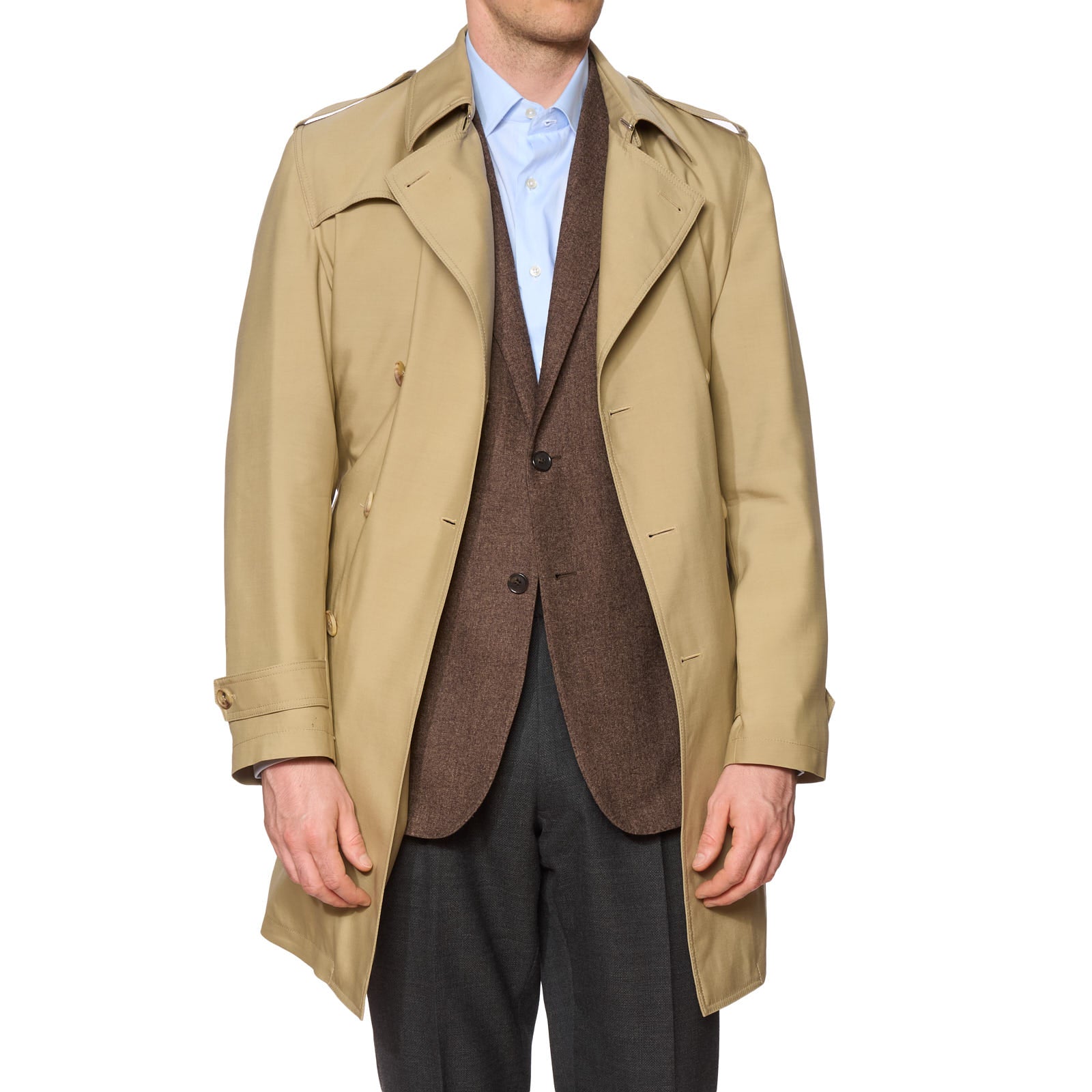 KITON Napoli Beige Wool DB Cashmere Lined Trench Coat EU 50 NEW US M Leather Trims