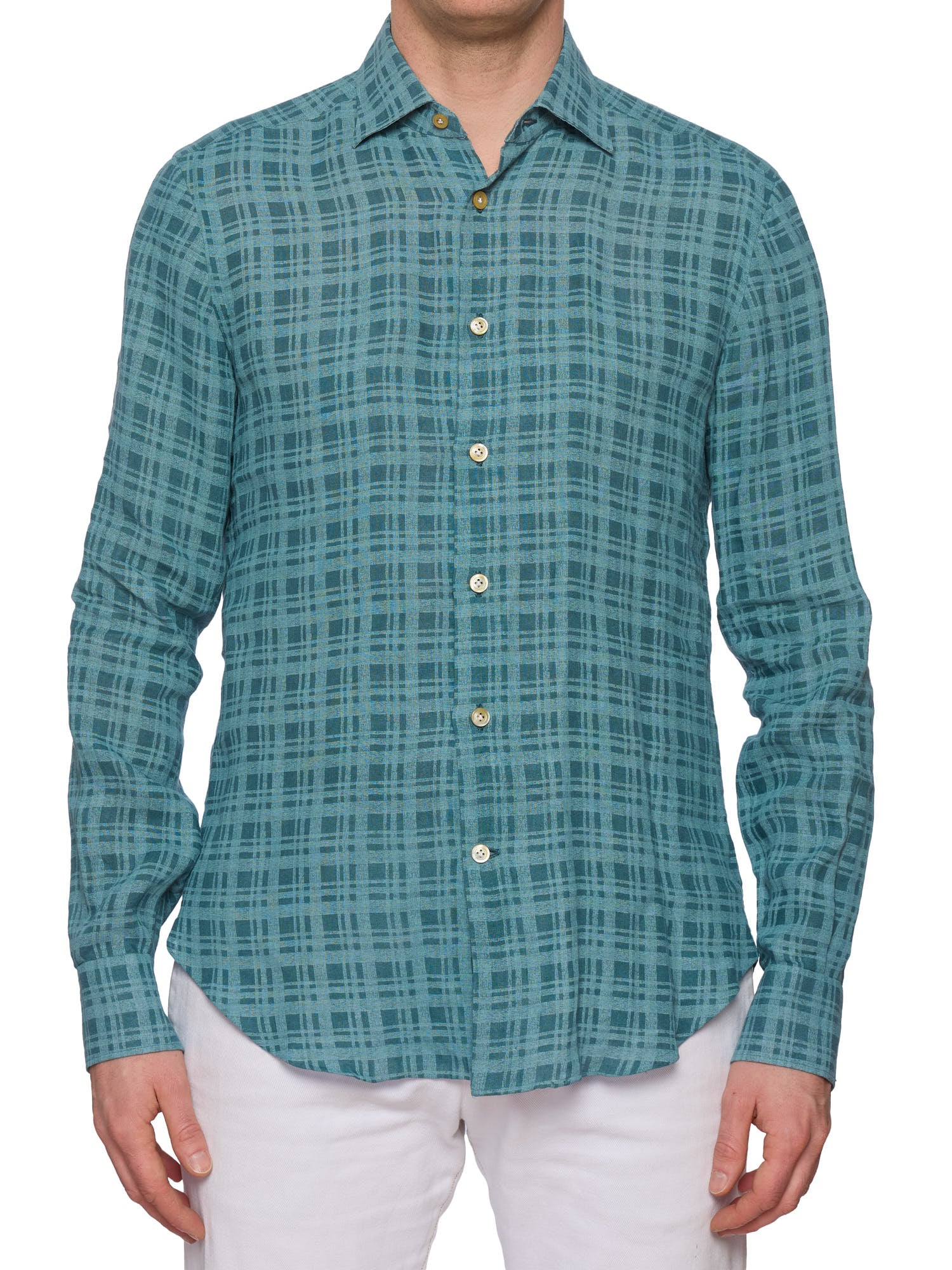 KITON Napoli Handmade Green Plaid Melange Linen Classic Shirt EU 39 NEW US 15.5