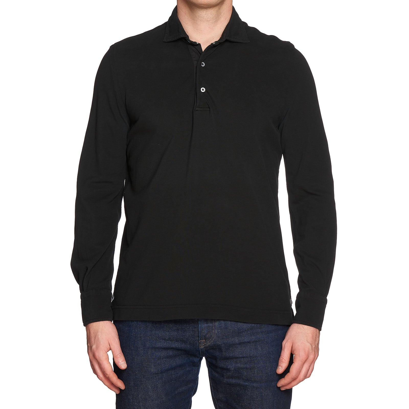 LUIGI BORRELLI LV Black Pique Cotton Garment Dyed Long Sleeve Polo Shirt EU 48 US S LUIGI BORRELLI