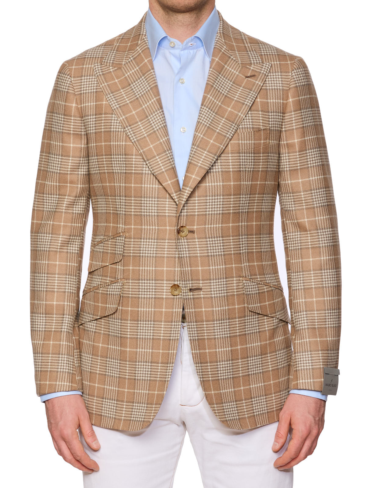 MAURO BLASI Handmade Beige Prince of Wales Peak Lapel Jacket NEW