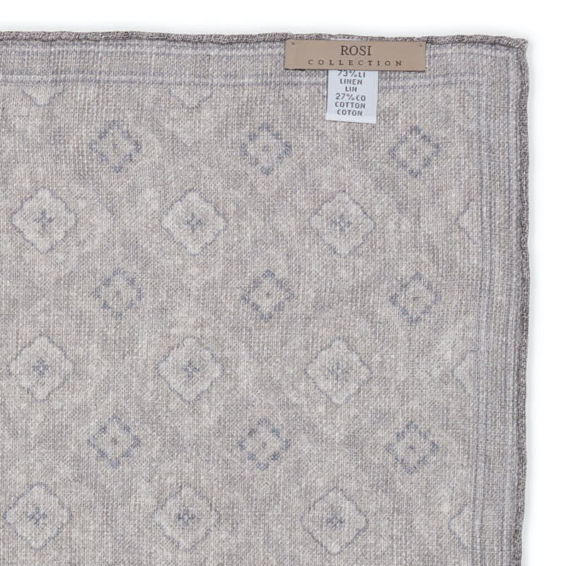 ROSI Handmade Gray Medallion Linen-Cotton Pocket Square NEW 31cm x 31cm