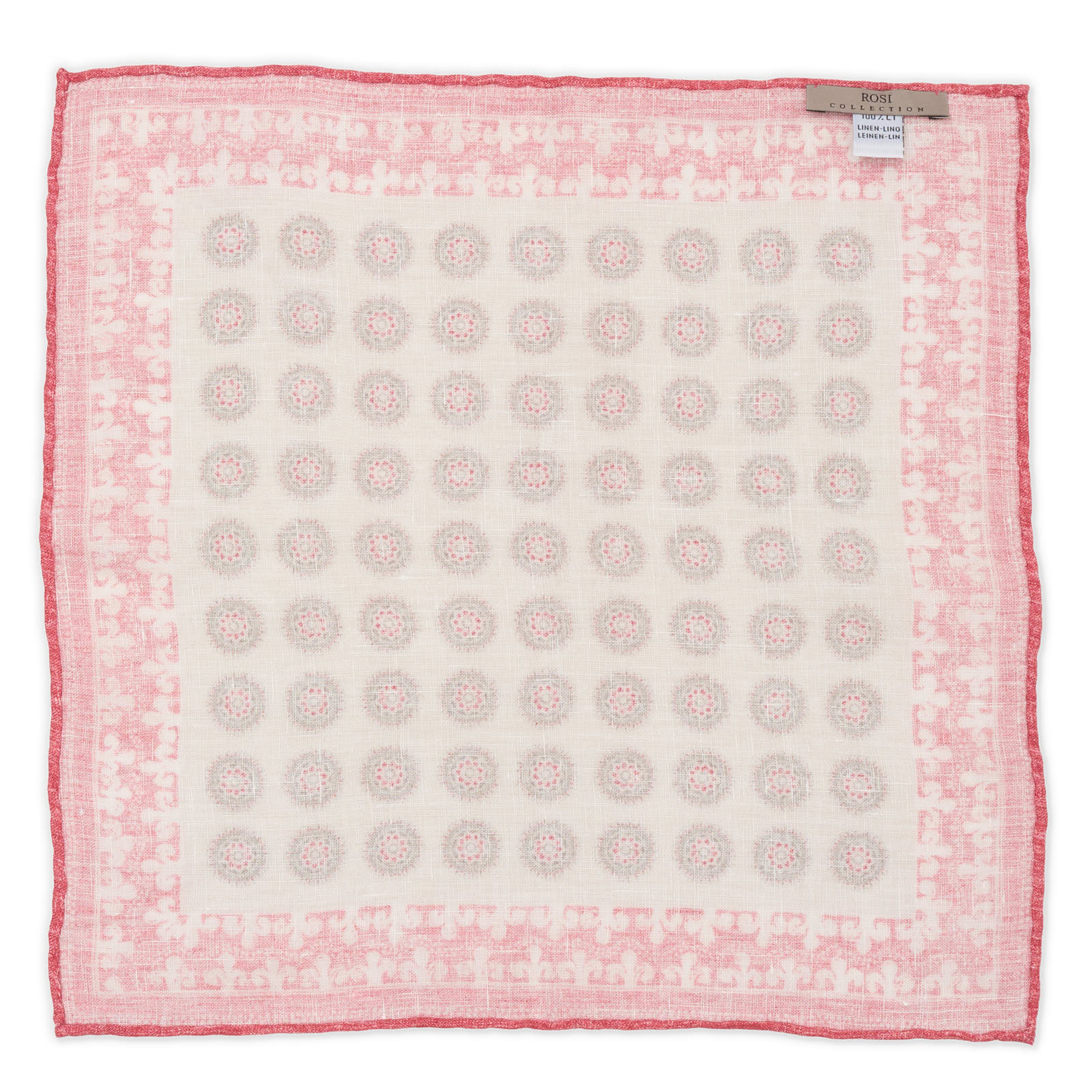 ROSI Handmade Red-White Medallion Linen Pocket Square NEW 30cm x 30cm