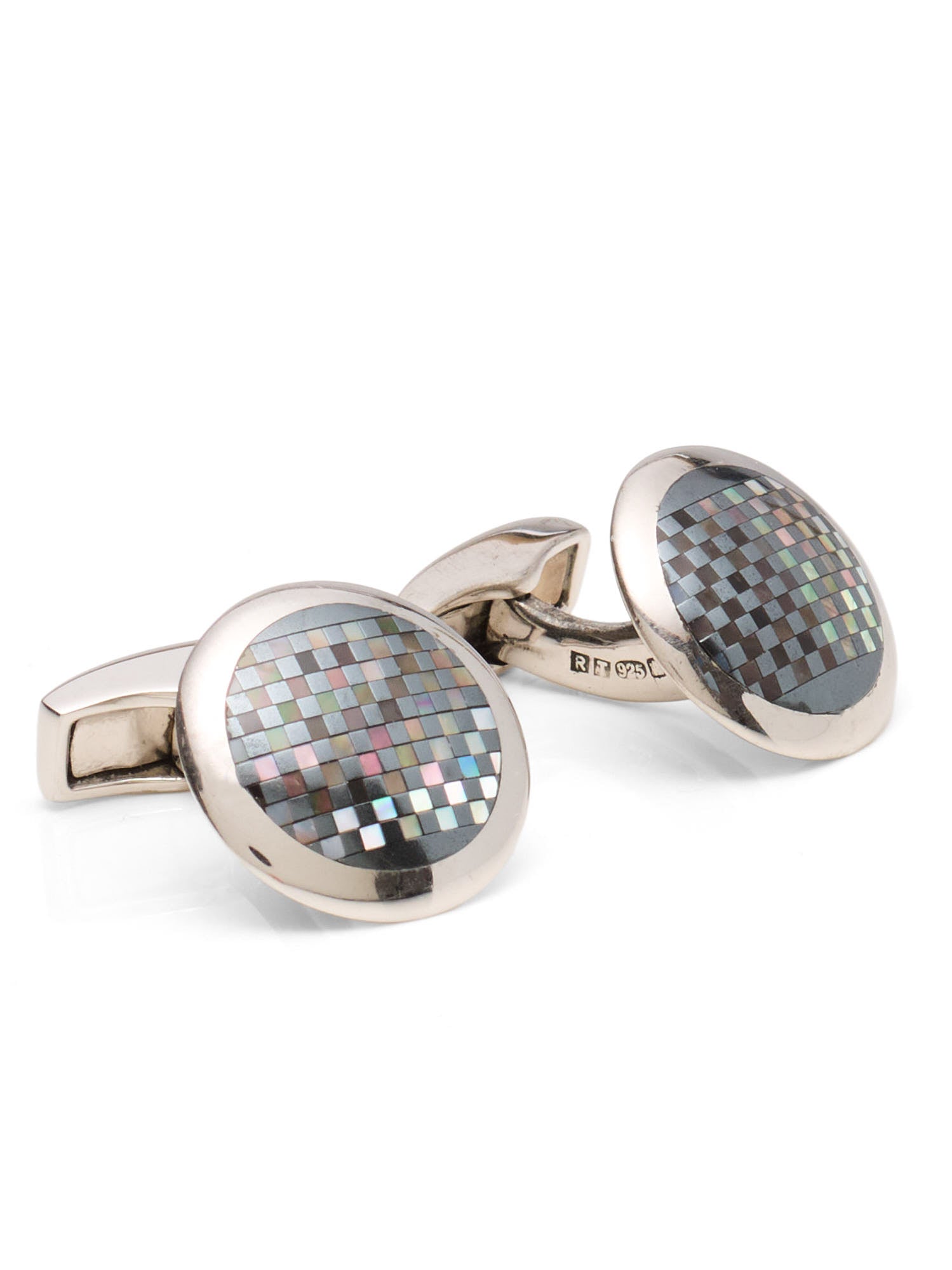 TATEOSSIAN London Chequer Cufflinks with Mother of Pearl and Onyx Sterling Silver