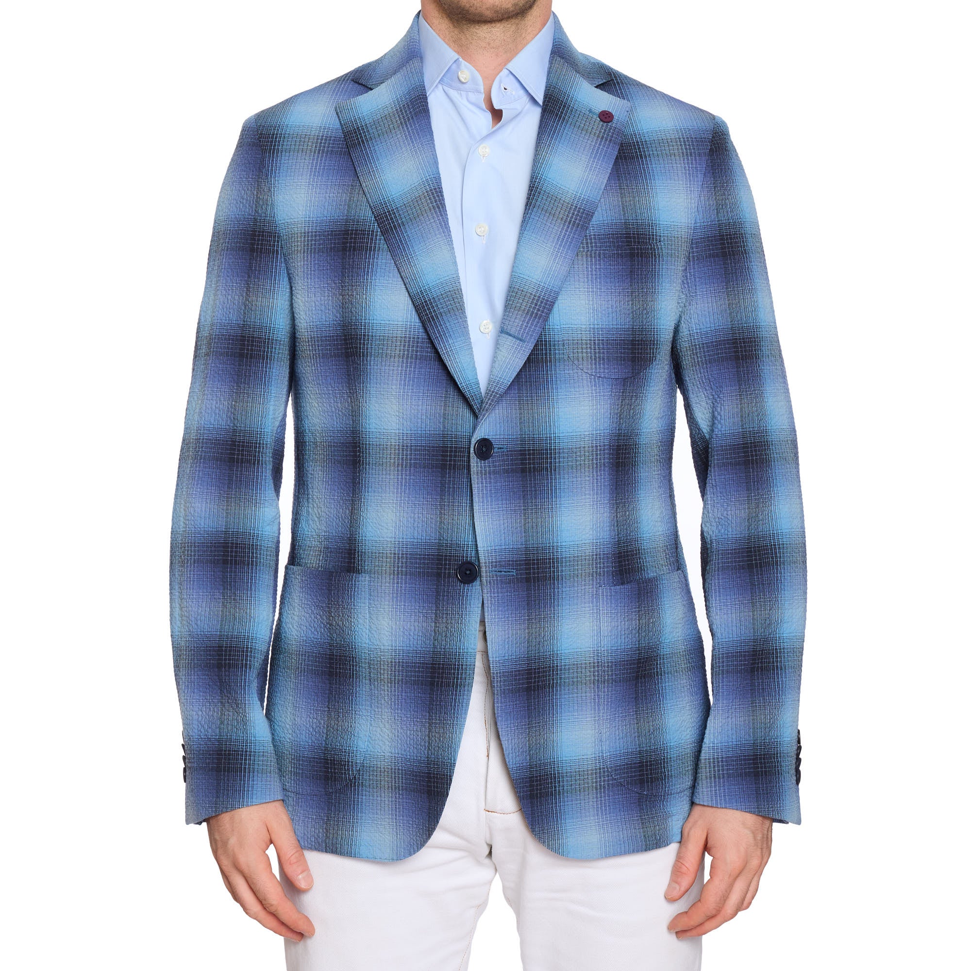 SARTORIA PARTENOPEA Blue Plaid Seersucker Cotton Jacket EU 50 NEW US 40 Current Model