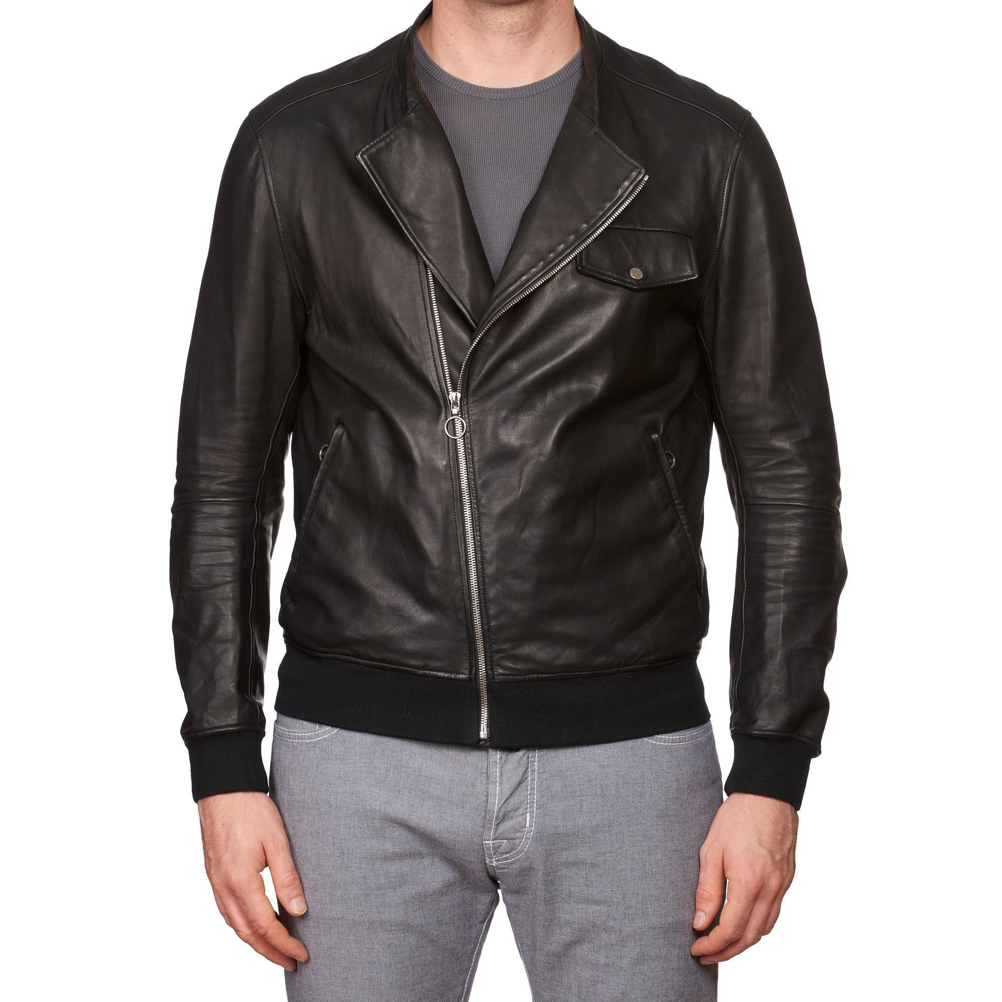 SERAPHIN Black Lamb Leather Unlined Asymmetrical Biker Motorcycle Jack ...