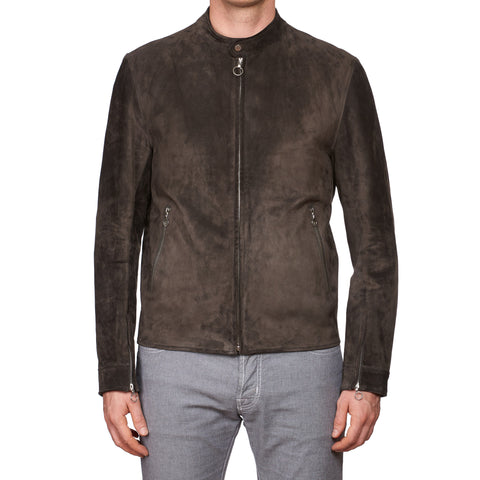 SERAPHIN Slate Brown Suede Calf Leather Unlined Cafe Racer Biker Jacke ...