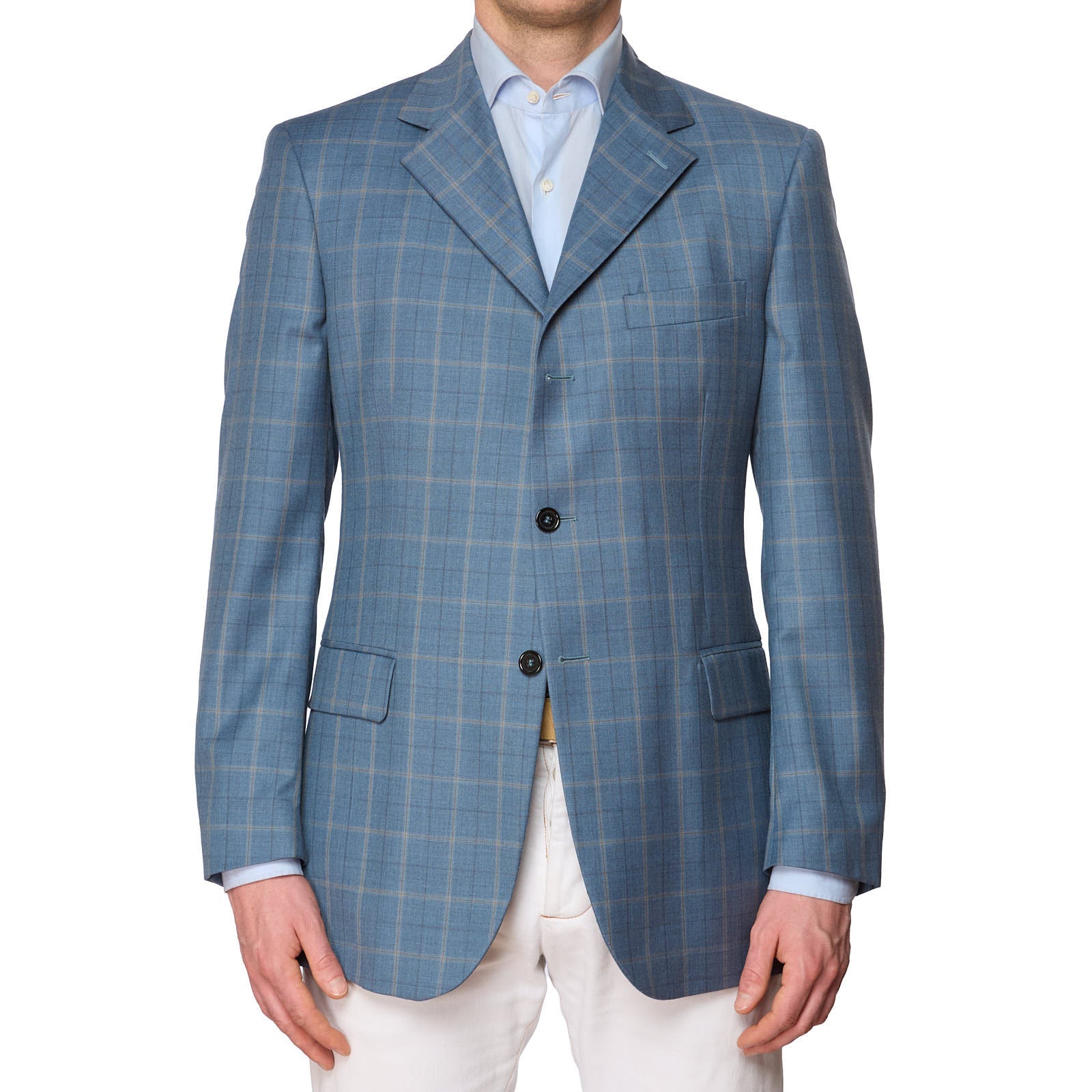 VANNUCCI Milano Blue Windowpane Wool Super 130's Fully Lined Jacket NEW