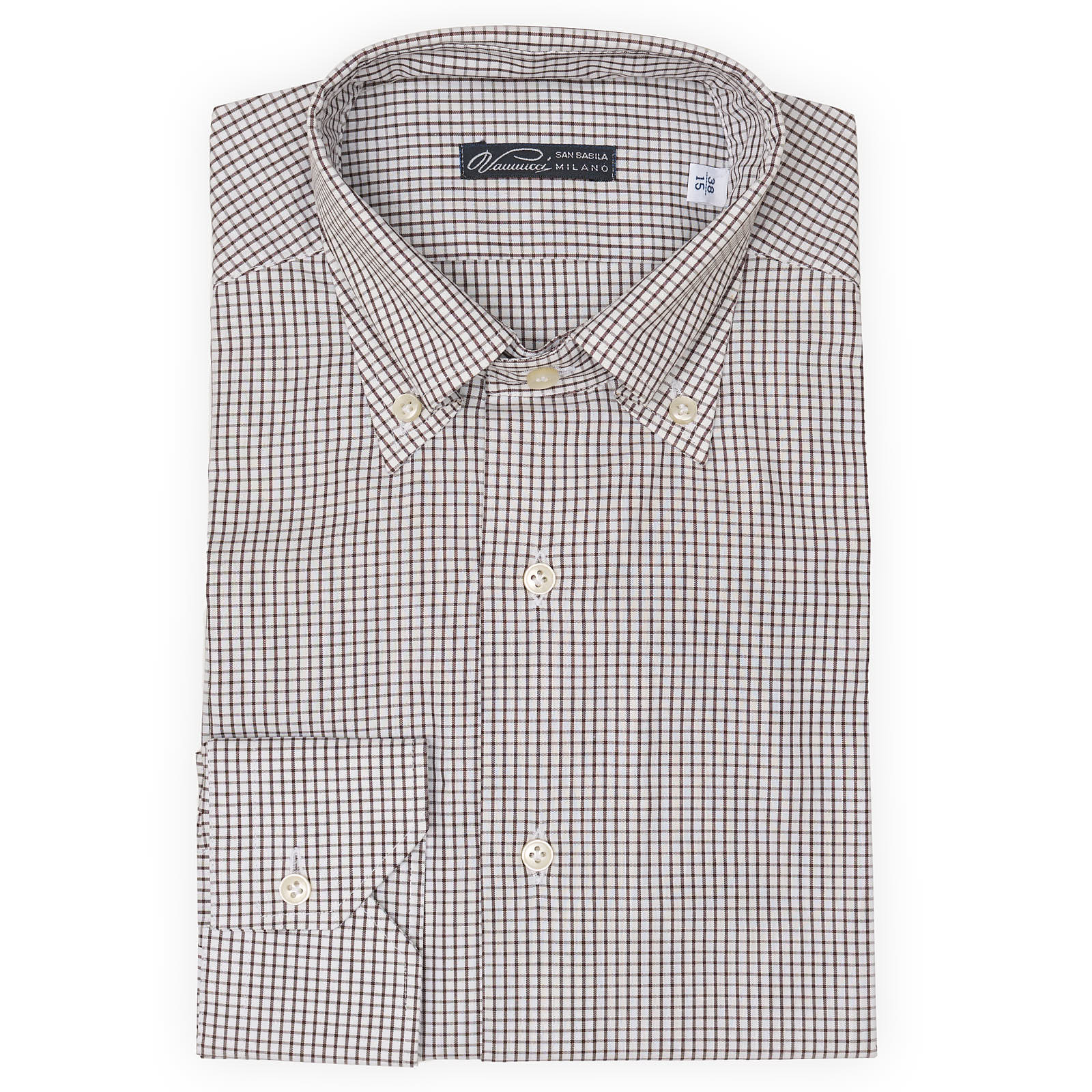 VANNUCCI Milano Brown Windowpane Check Cotton Dress Shirt EU 38 NEW US 15