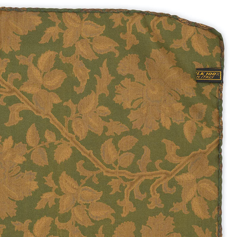 Vintage VANNUCCI Milano Handmade Green-Brown Floral Silk Pocket Square NEW 30cm x 30cm