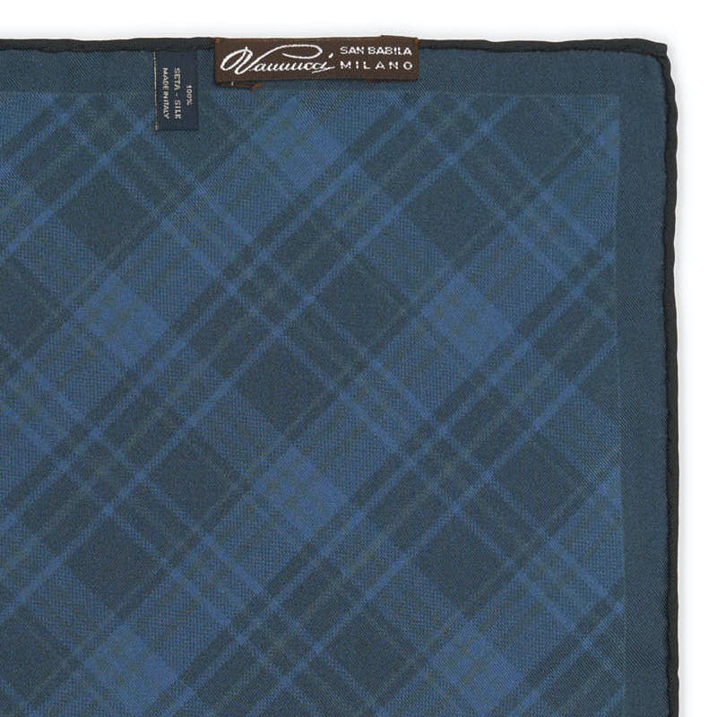 VANNUCCI Milano Handmade Navy Blue Plaids Silk Pocket Square NEW 31cm x 31cm