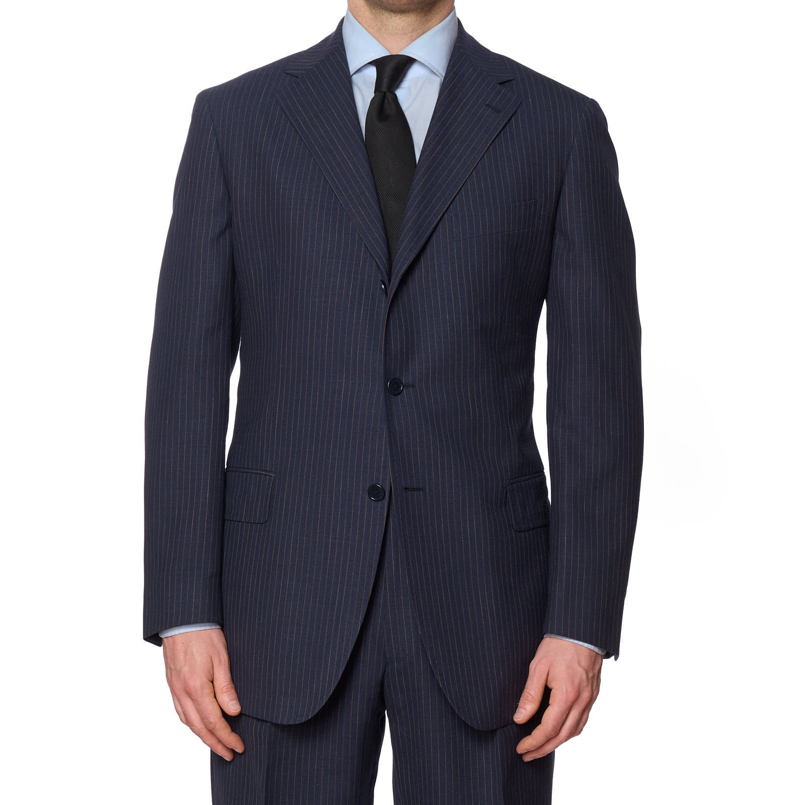VANNUCCI Milano Navy Blue Striped Virgin Wool-Linen Suit EU 54 NEW US 42
