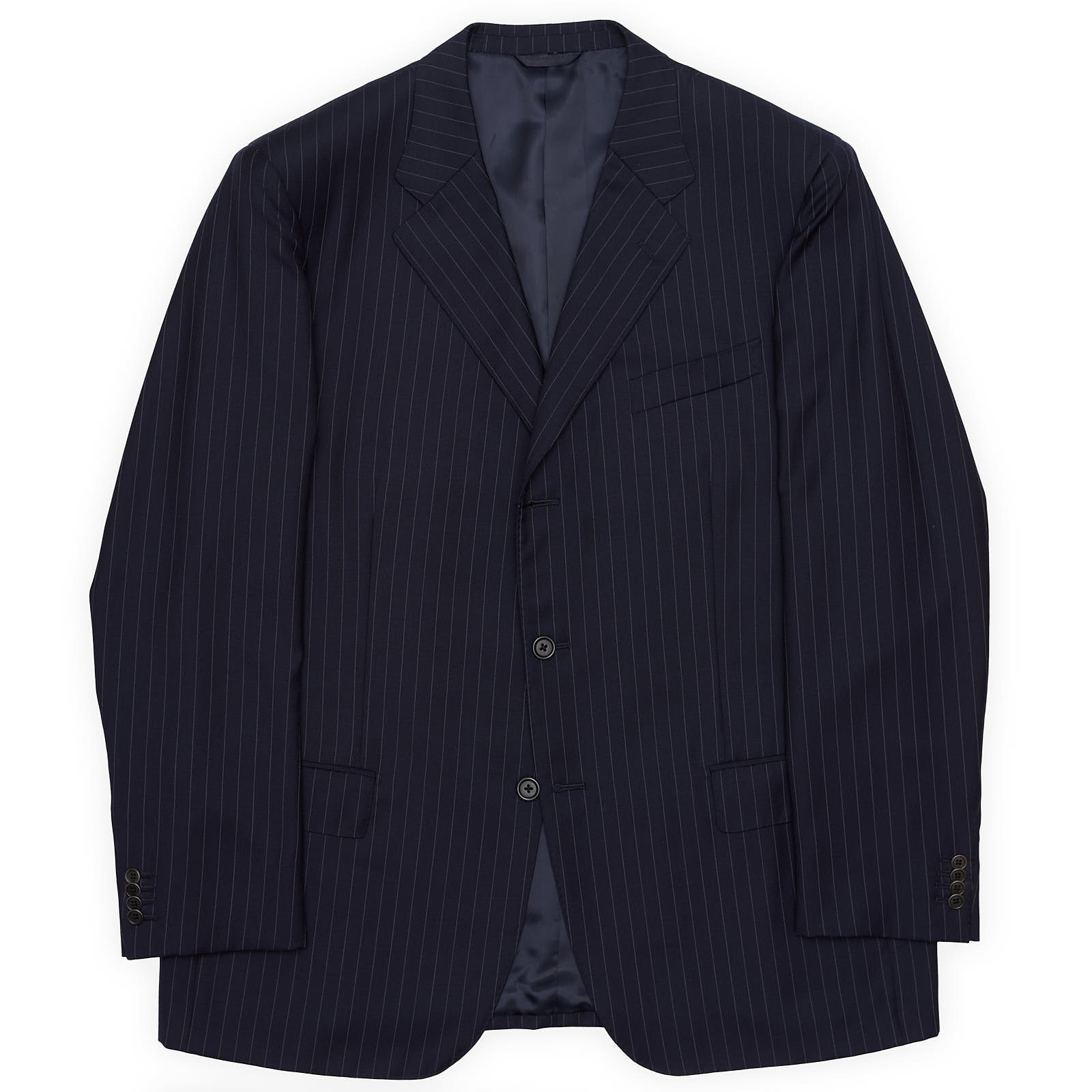 VANNUCCI Milano Navy Blue Chalk Striped Virgin Wool Suit EU 56 NEW US 46