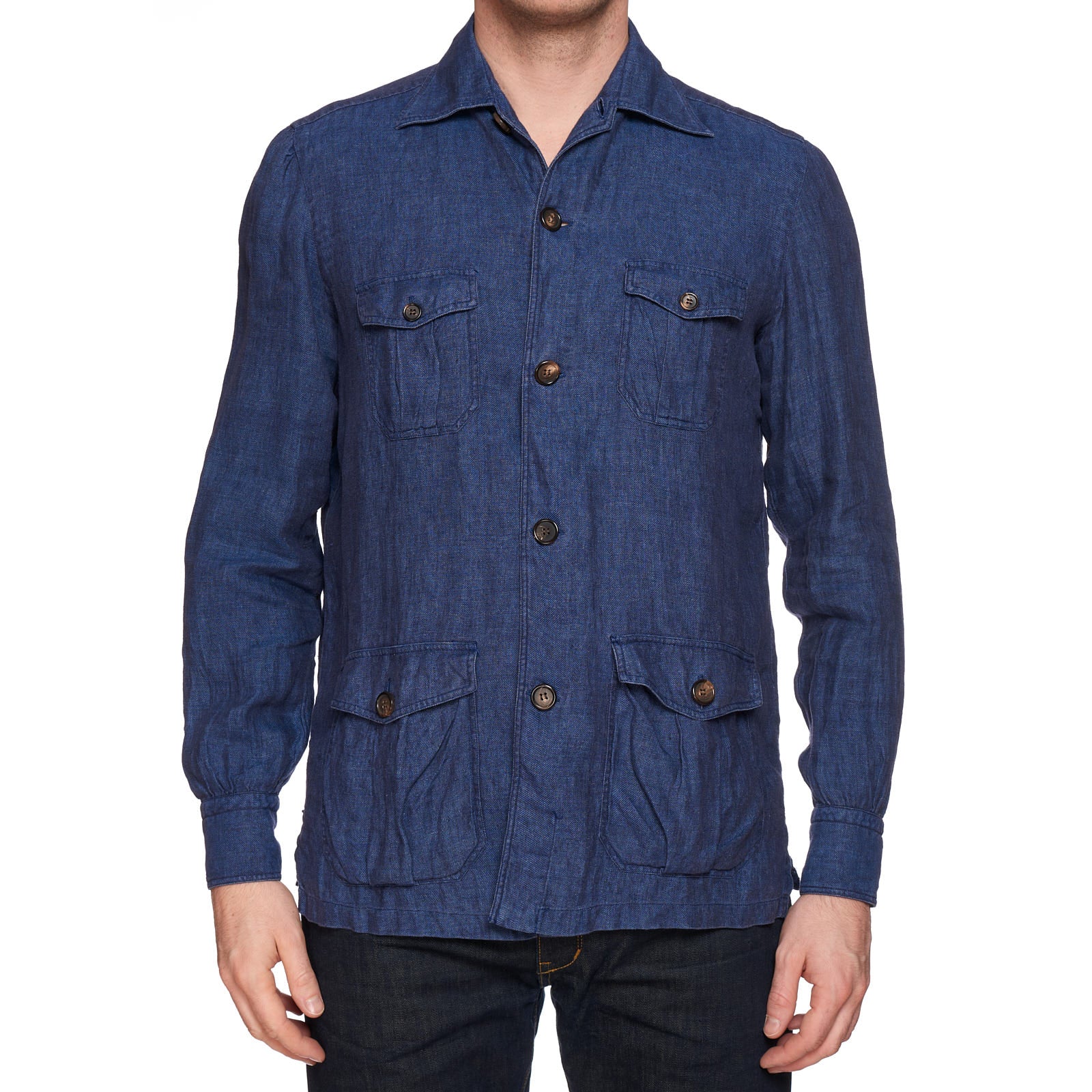 VINCENZO DI RUGGIERO Blue Linen Unlined Lightweight Field Safari Shirt  Jacket NEW M