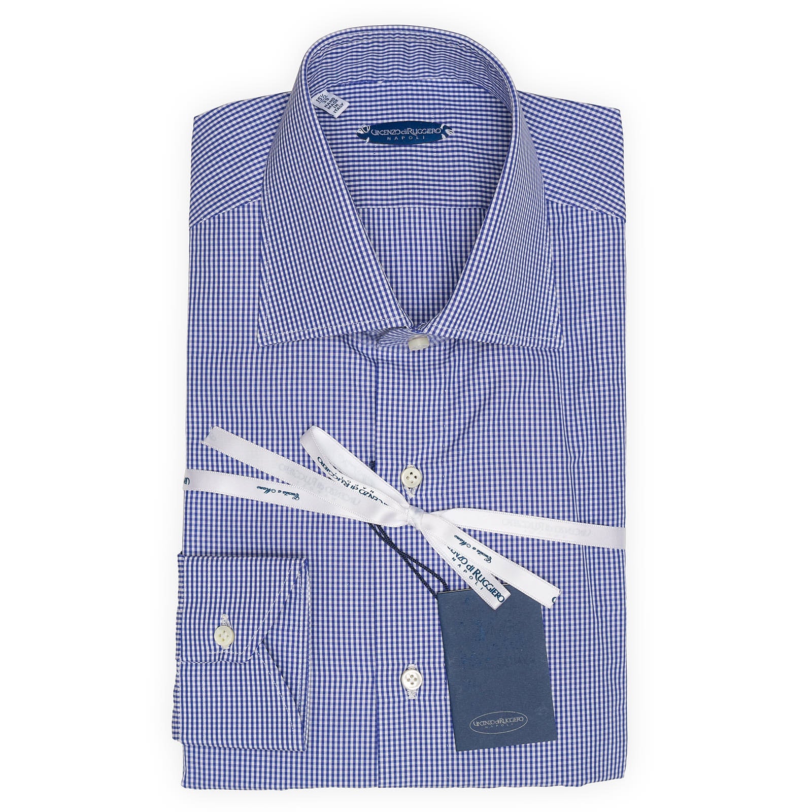 VINCENZO DI RUGGIERO Handmade Blue Check Cotton Dress Shirt EU 39 NEW US 15.5