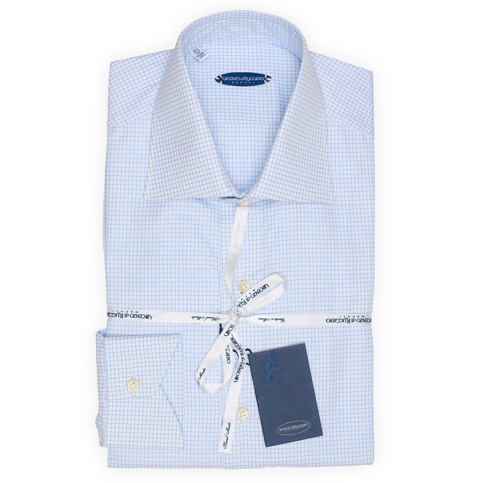 VINCENZO DI RUGGIERO Handmade Blue Check Twill Dress Shirt EU 39 NEW US 15.5