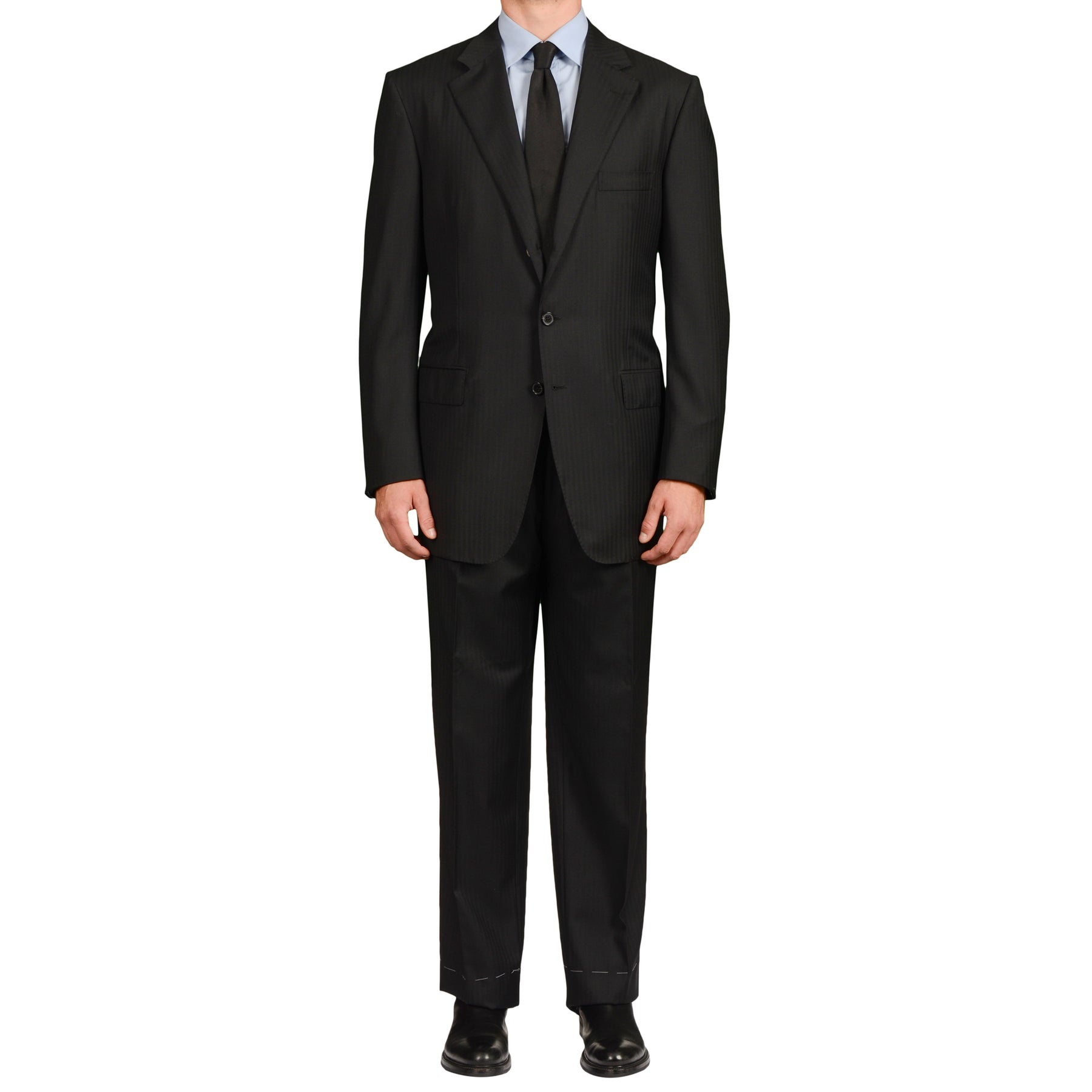 BERNINI Handmade Black Herringbone Wool Super 120's Suit EU 56 NEW US
