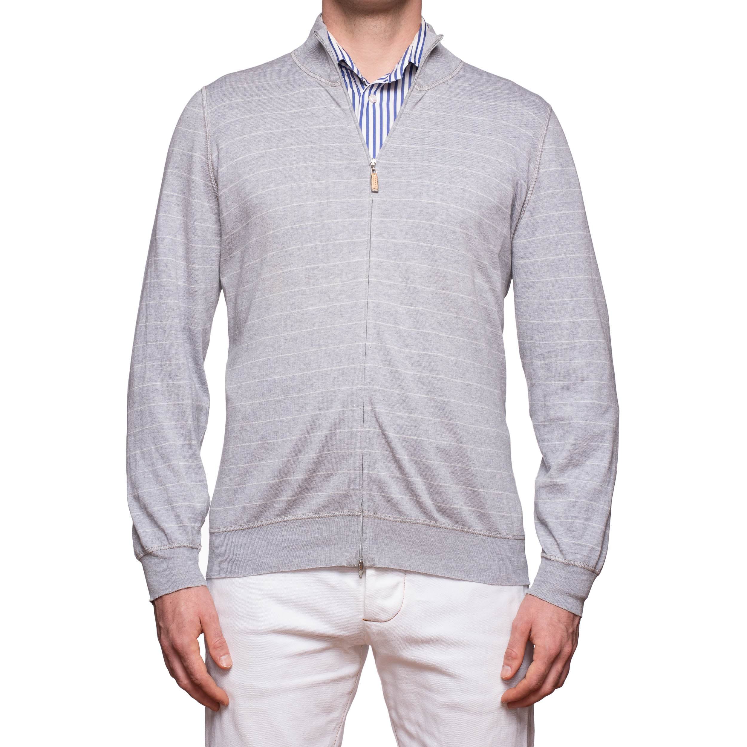 BRUNELLO CUCINELLI Gray Striped Cotton Zip-Front Cardigan 