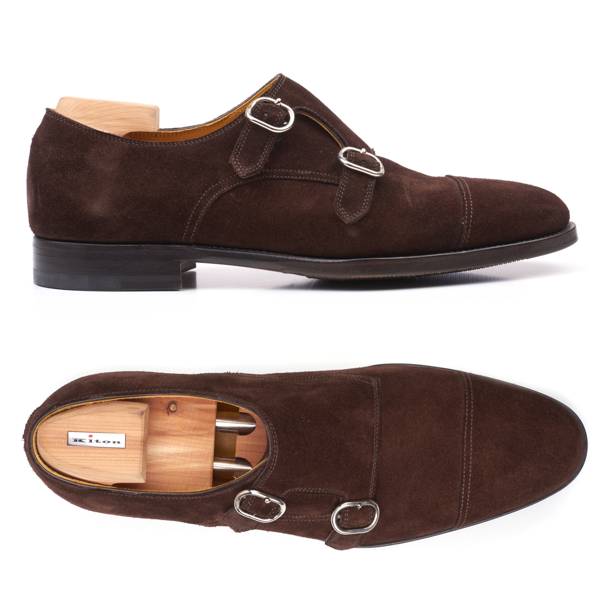 KITON Napoli Handmade Brown Calfskin Suede Leather Double Monk Shoes US 9.5  NEW