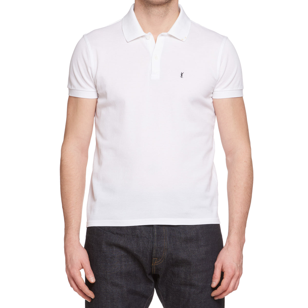 SAINT LAURENT PARIS Solid White Pique Cotton Polo Shirt XL Slim