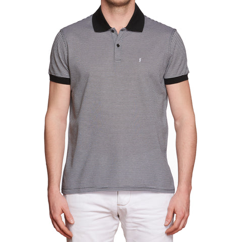 SAINT LAURENT PARIS White-Black Striped Pique Cotton Polo Shirt